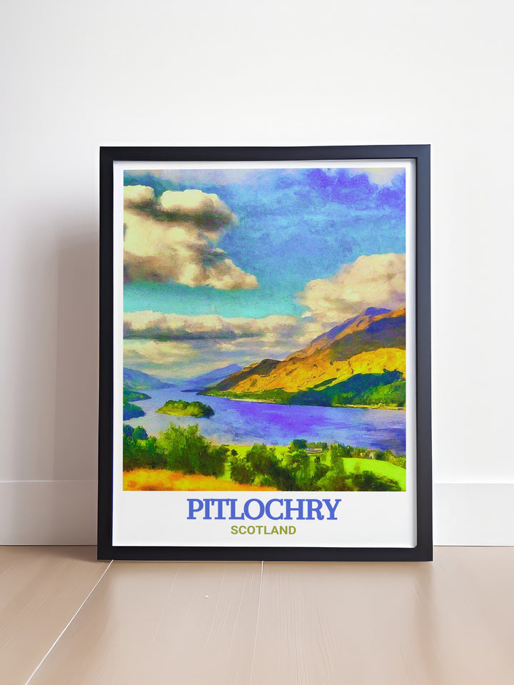 Queens View wall art depicting the iconic Scottish vista, where the stunning views over Loch Tummel and the Grampian Mountains are perfectly framed. This framed art piece is ideal for those who appreciate the natural beauty of Scotland, making it a unique addition to any room.