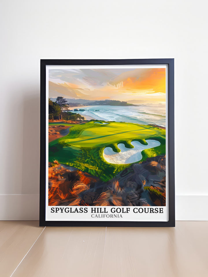 Bird Rock travel wall art showcasing the challenging section of Spyglass Hill Golf Course in Monterey Bay, California. These art pieces are a beautiful addition to home decor, offering a visual escape to the thrilling experiences at Spyglass Hill. Ideal for golf enthusiasts, these prints bring the beauty of the course into your living space.