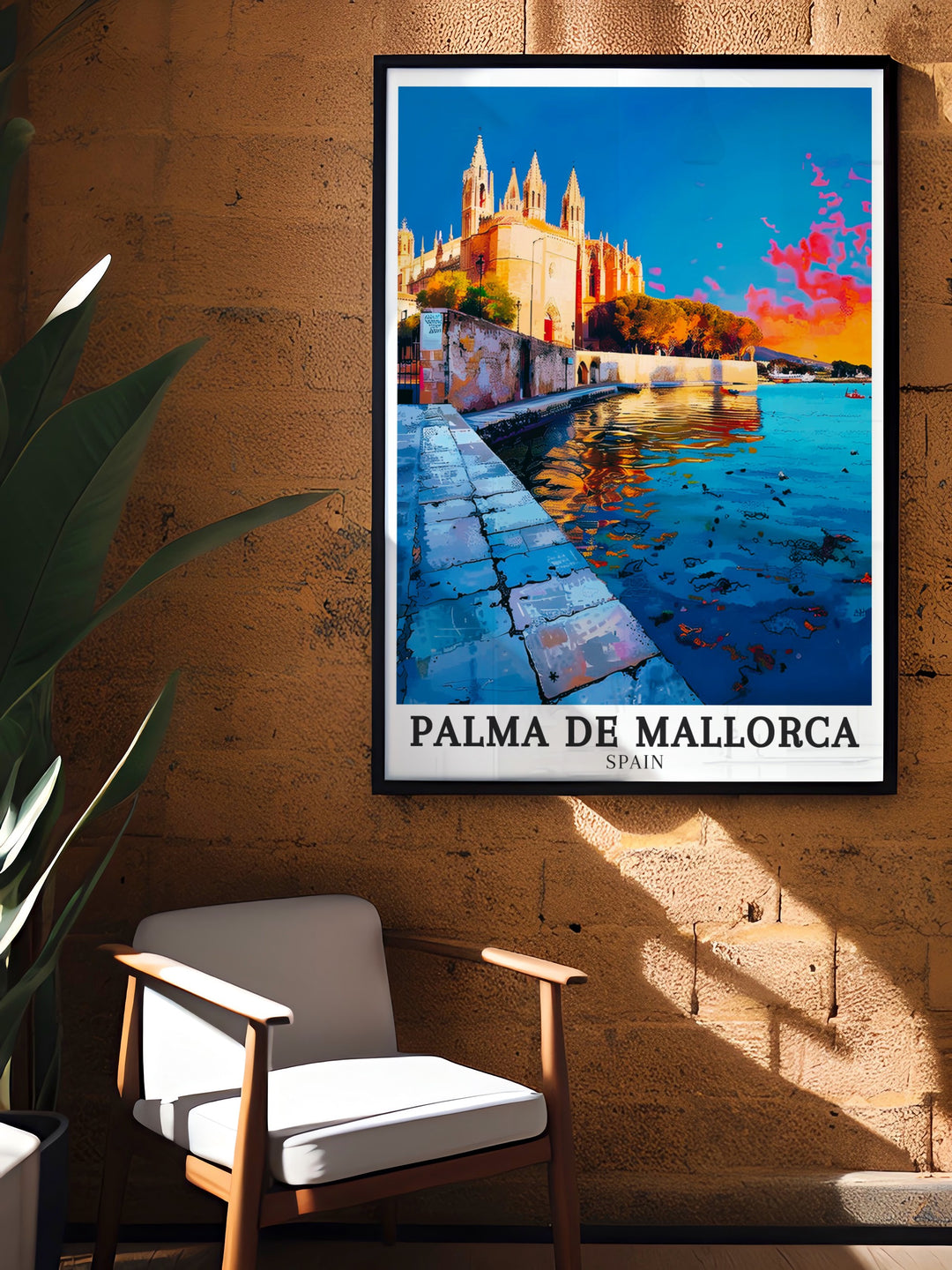 Elegant Spain travel art depicting the magnificent La Seu Cathedral and the vibrant Plaza de la Seu in Palma de Mallorca. The print brings the beauty and history of this Mediterranean city into your living space, making it a timeless addition to any home decor