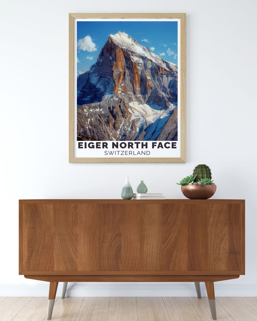 Elegant framed print of Eiger and Jungfrau Switzerland showcasing the majestic peaks and serene landscapes perfect for creating a sophisticated and inspiring atmosphere in any room with high quality art prints.