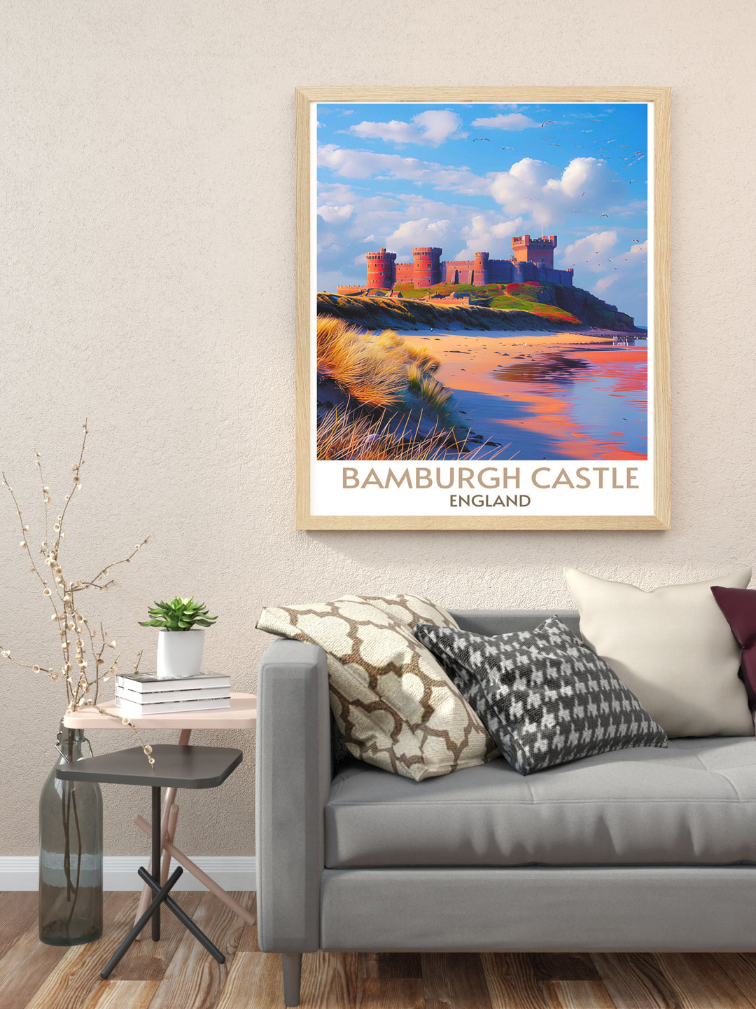 Bamburgh Castle vintage travel print that highlights the medieval architecture and scenic surroundings, a collectors delight.