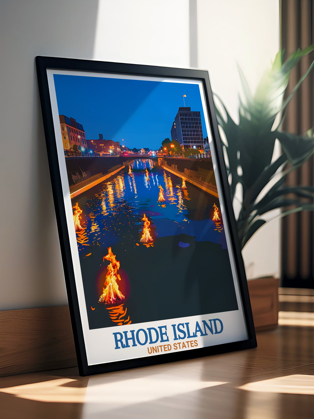 Featuring the famous WaterFire event in Providence, this Rhode Island travel poster captures the essence of the festivals magical atmosphere. The detailed illustration makes it a striking addition to any space and an ideal gift for those passionate about art and culture.