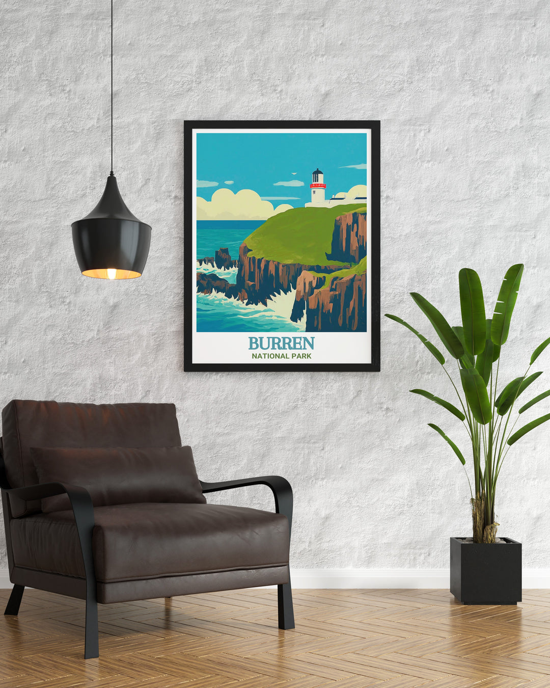 A travel poster depicting the Black Head Lighthouse on Irelands western coast, highlighting its solitary presence against the vast ocean. This artwork adds a touch of Irelands maritime history to your home decor, perfect for those who love coastal scenery.