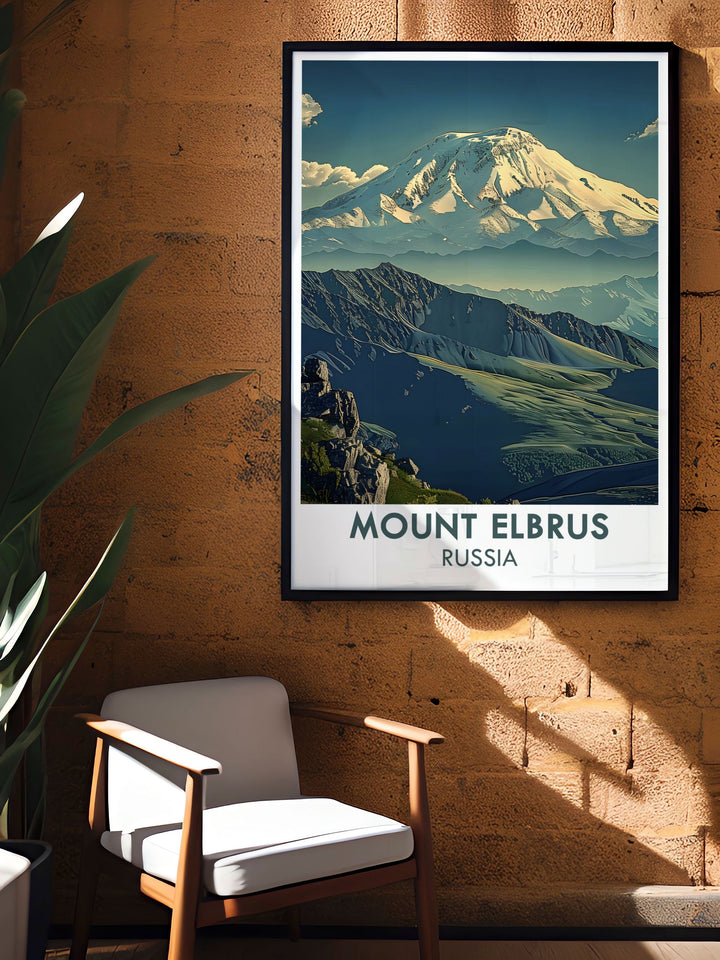 Russia Travel Poster of Mount Elbrus bringing the beauty of the Caucasus Mountains into your home includes Mt Elbrus Summit perfect wall decor for adventurers