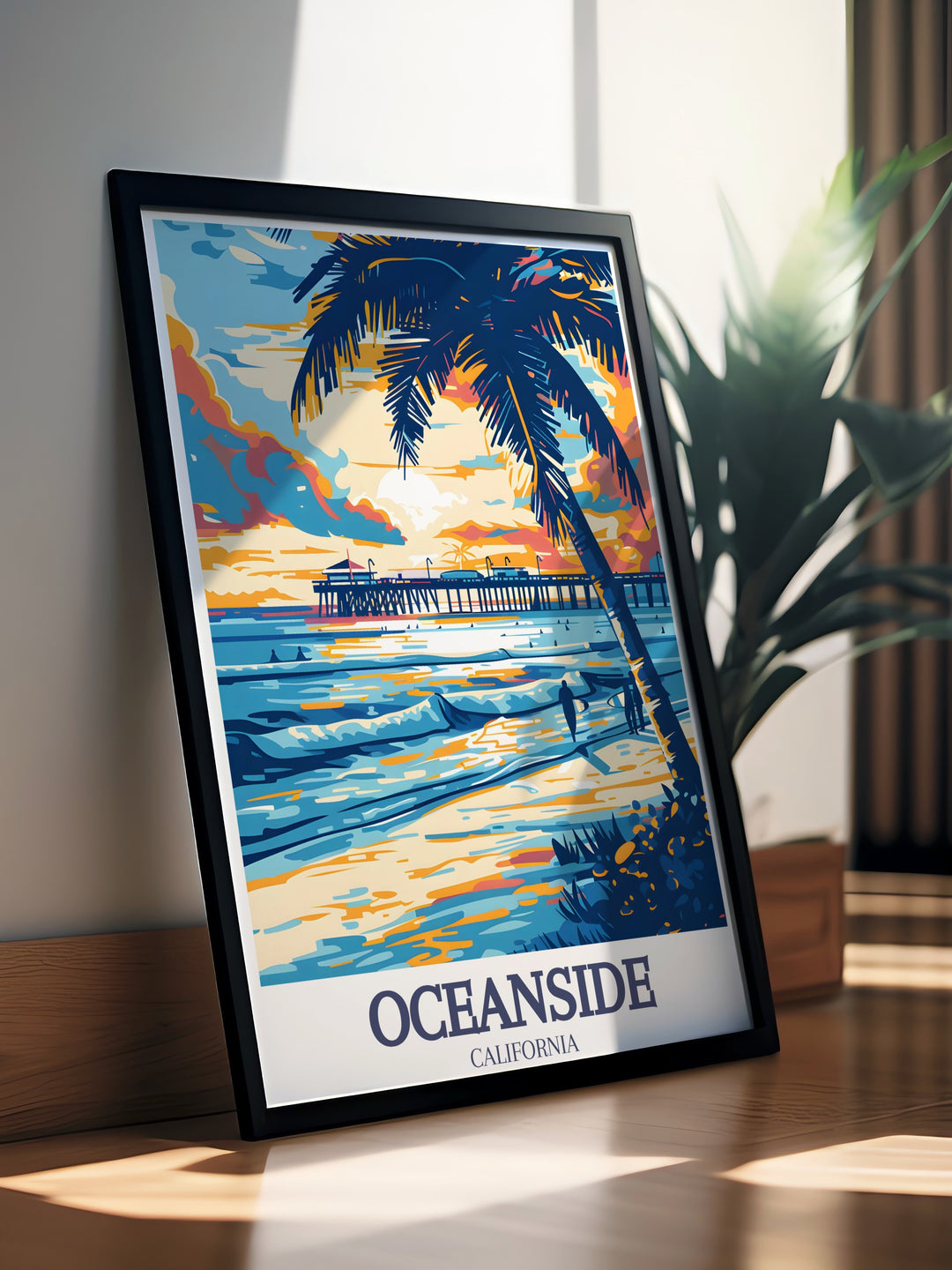 Modern art print of Oceanside Beach and Oceanside Pier highlighting the beauty of the Californian coast with detailed artwork ideal for home decor and travel enthusiasts looking to celebrate Oceansides charm