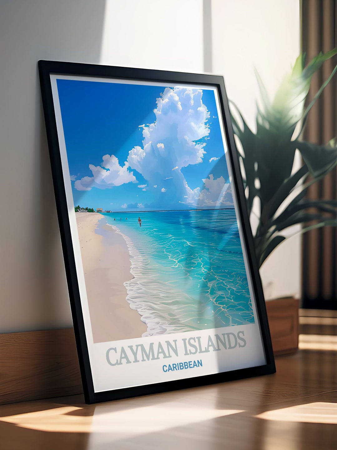 Elegant Seven Mile Beach artwork in a vintage style capturing the lush beauty of the Cayman Islands perfect for enhancing any room with its charming black and white aesthetic and ideal as an anniversary or birthday gift