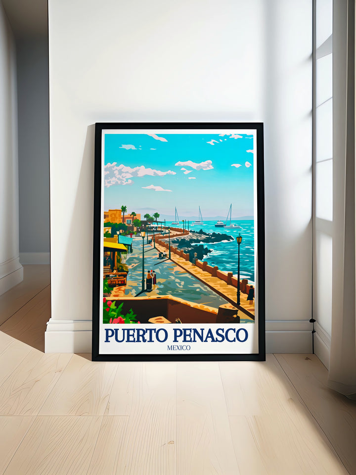 Transform your space with the stunning views of Puerto Peñasco, captured in this travel print. The artwork features the iconic Malecon and the deep blue Sea of Cortez, making it an ideal piece for those looking to bring a touch of Mexican coastal beauty into their home decor.