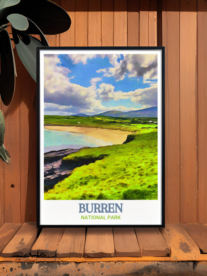 Capture the coastal charm of Ireland with this travel poster featuring Fanore Beach. The soft hues of the sand and the dramatic ocean skies make this print a serene and inviting addition to your home decor, ideal for those who appreciate Irelands coastal beauty.