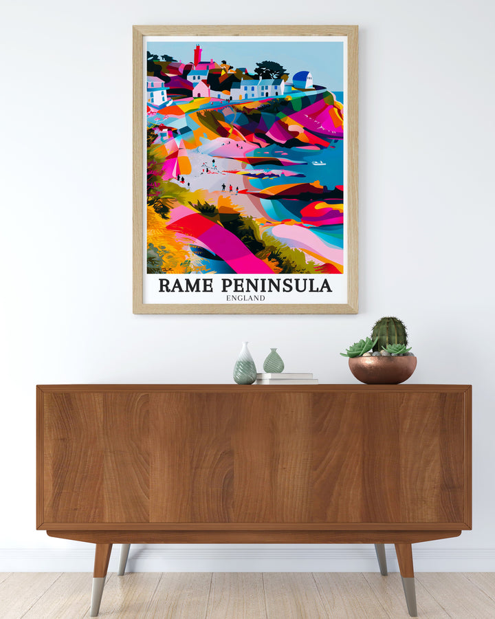 Elevate your living room decor with this stunning Rame Peninsula poster featuring Cawsand beach Kingsand The perfect Cornwall gift this artwork captures the serene beauty of Cornwall making it an ideal choice for those who appreciate coastal scenery.