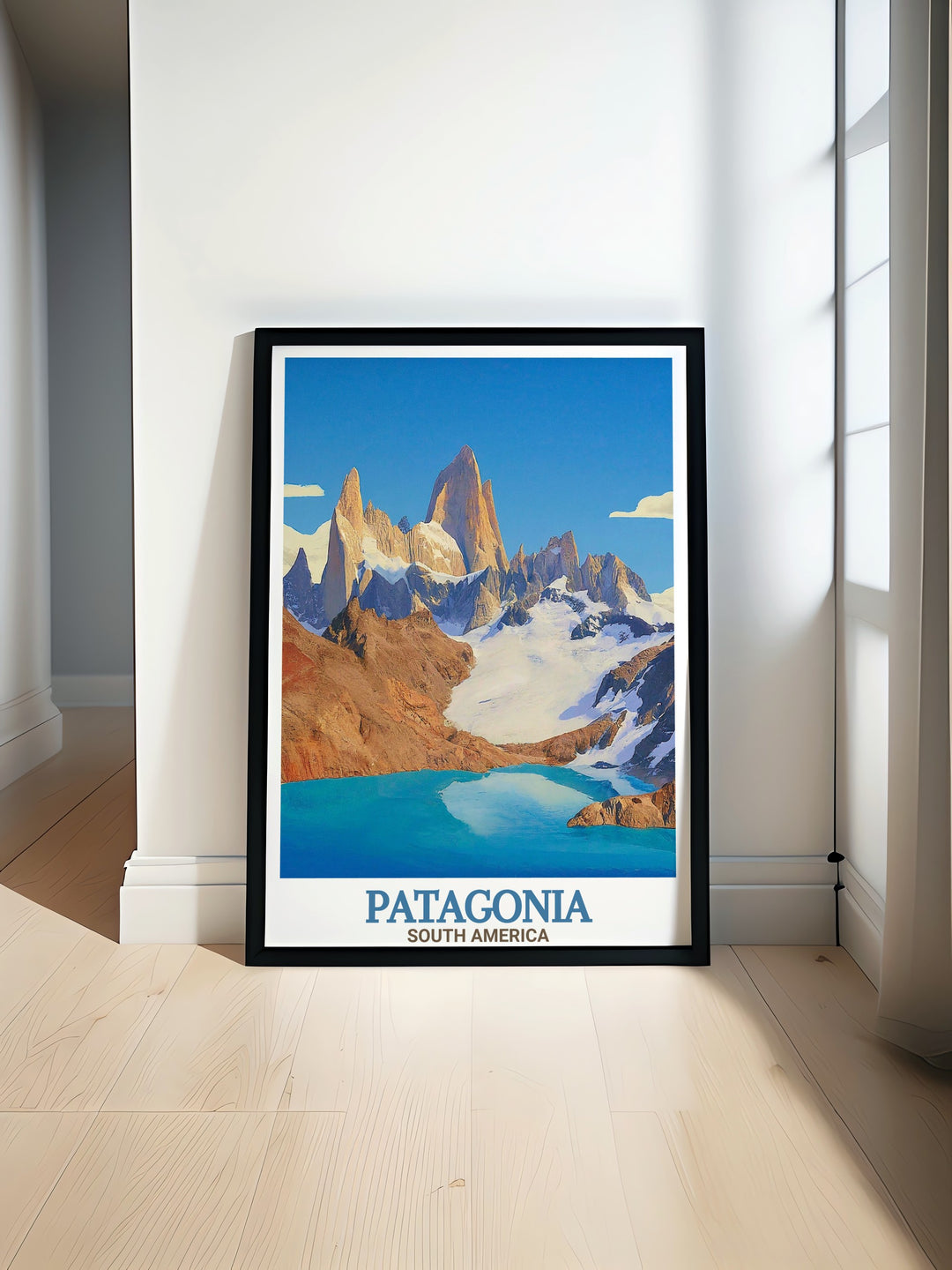Torres Del Paine National Park poster featuring stunning views of the Cuernos Del Paine and grazing guanacos. Perfect for Chile travel enthusiasts and South American art collectors. Also includes captivating Mount Fitz Roy prints for home decor.