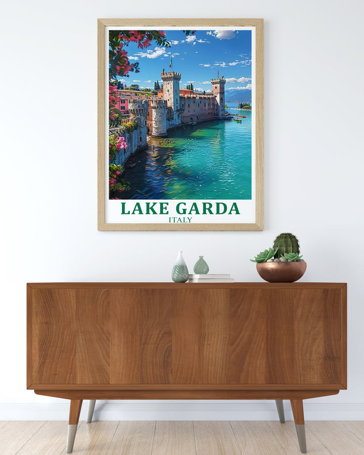 This Lake Garda poster print captures the serene beauty of Italys largest lake, alongside the historic charm of Sirmione. A perfect addition to your home décor or an ideal gift for anyone who loves Italy.