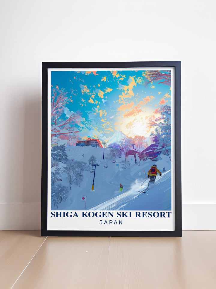 Showcasing the majestic beauty of Shiga Kogen, this Japan travel print offers a stunning view of one of the countrys top ski resorts. The poster combines adventure and tranquility, featuring detailed illustrations of the resorts slopes, ideal for ski enthusiasts and travelers alike.