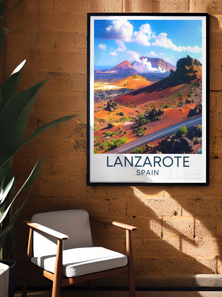 Showcasing the awe inspiring terrain of Timanfaya National Park, this travel poster captures the rugged beauty of its lava fields and craters, bringing the spirit of Lanzarotes volcanic landscape into your living space, perfect for adventurous souls.