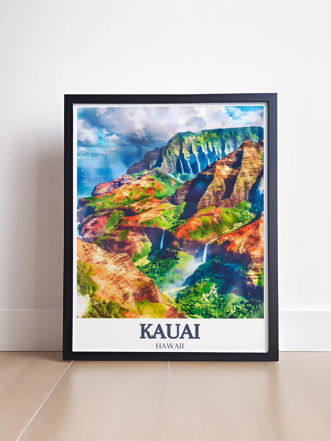 Bring the beauty of Kauai into your home with this travel poster featuring Na Pali Coast and Wailua Falls. This Hawaii wall art adds a vibrant touch to any room and is perfect for anyone who loves the breathtaking landscapes of the Hawaiian Islands.