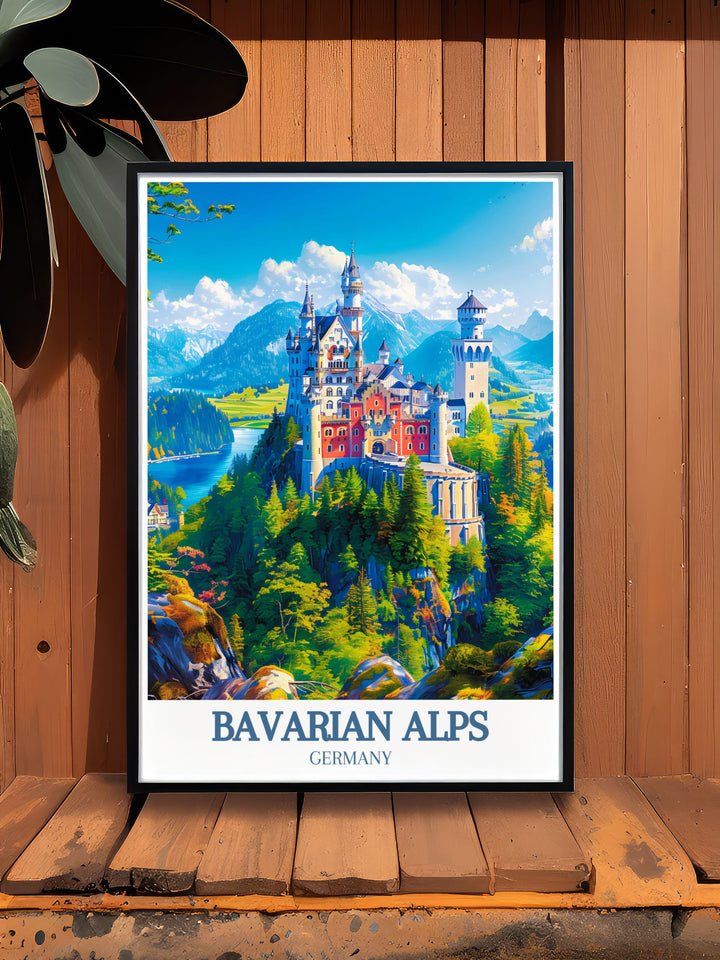 Unique artwork of the Bavarian Alps featuring Neuschwanstein Castle and Alpsee Lake, perfect for personalized gifts or home decor. This print captures the essence of Germanys enchanting landscapes and fairy tale architecture.