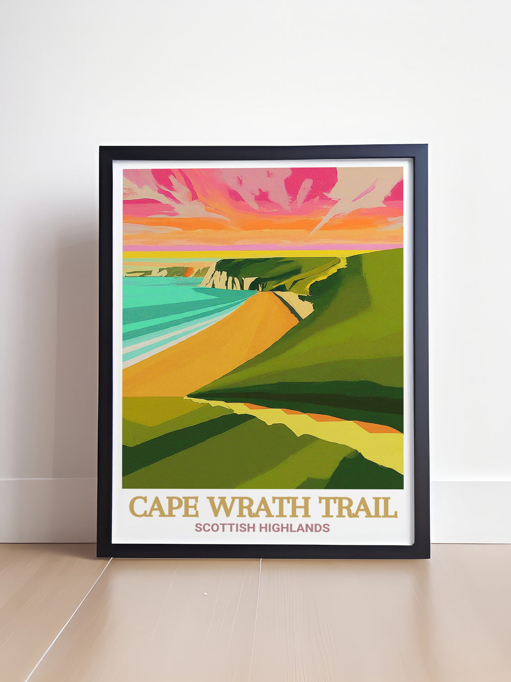 Scotland Travel Poster brings the breathtaking landscapes of Cape Wrath and Sandwood Bay into your home, showcasing the wild beauty of Scotlands Highlands. Ideal for travelers, hikers, and lovers of the great outdoors.