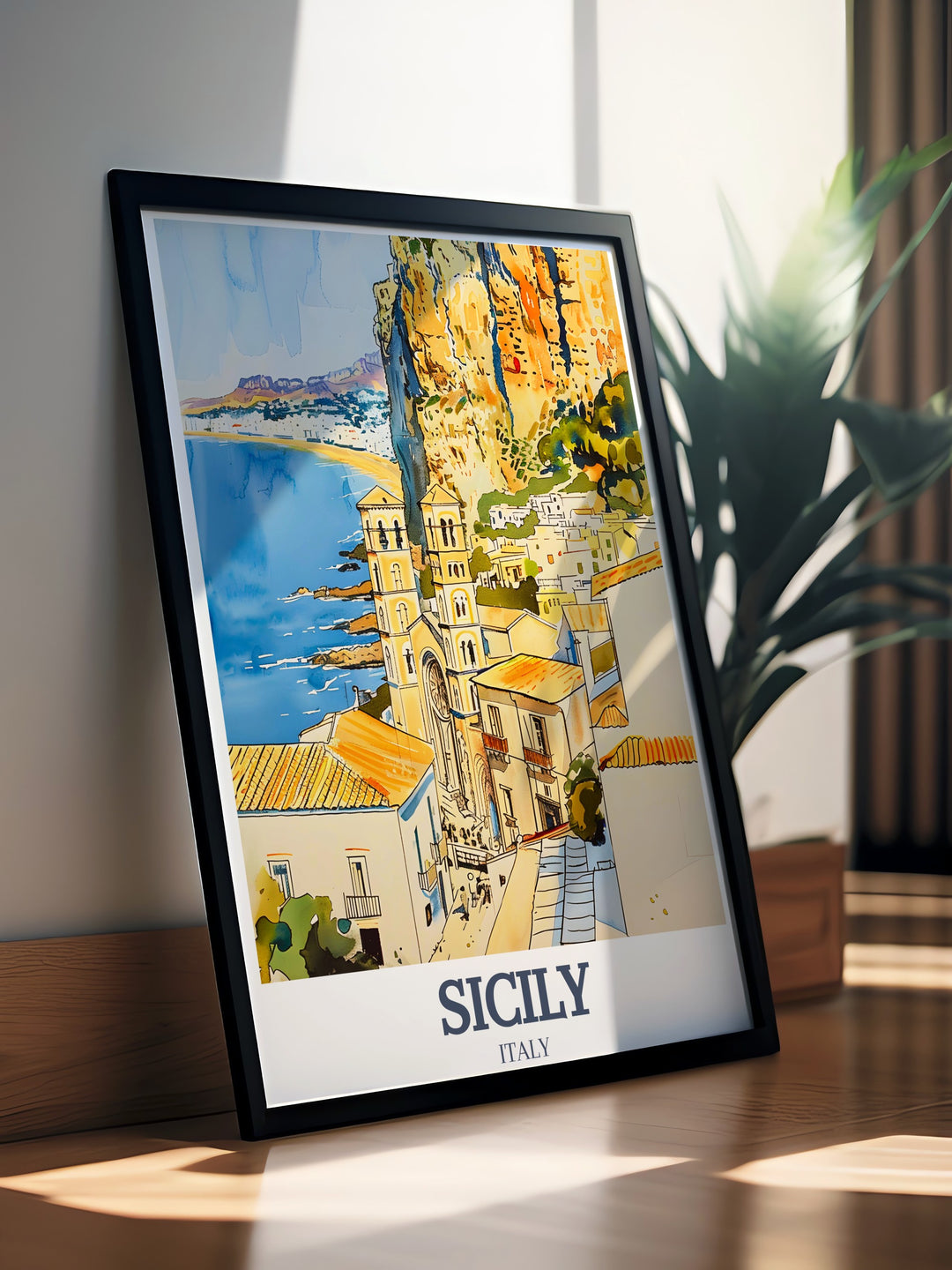 This canvas art of Cefalù showcases the iconic La Rocca and the picturesque Sicilian landscape. The vibrant colors and intricate design bring the towns charm to life, making it a standout piece for any home or a thoughtful gift for fans of Italian culture.