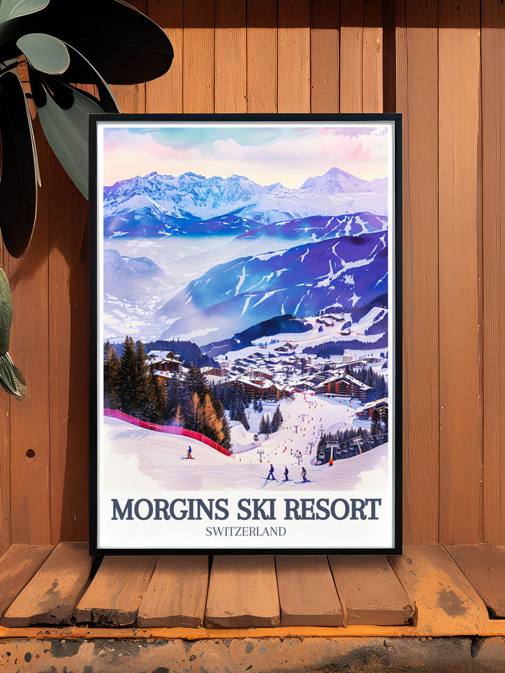 Celebrate the beauty of Switzerland with this Dents du Midi Travel Print. Featuring the iconic peaks over Morgins Ski Resort and the charming village, this artwork is ideal for anyone who wants to bring a touch of the Swiss Alps into their home.