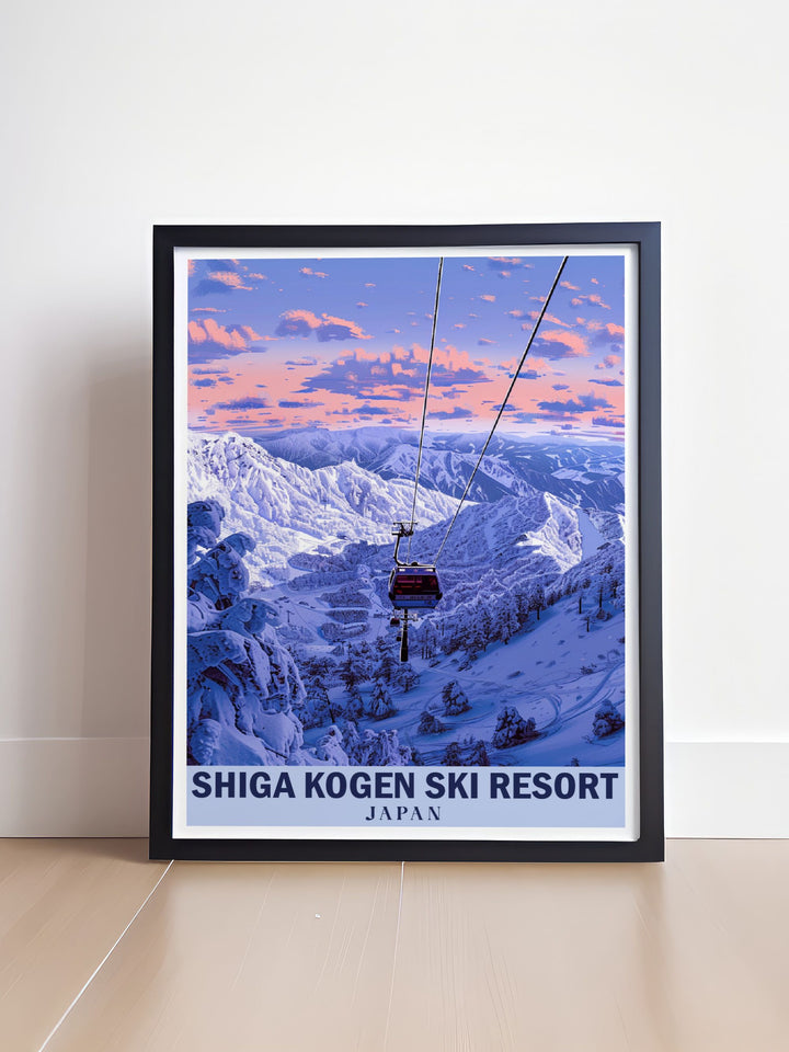 Experience the beauty of Japans Shiga Kogen Ski Resort with this detailed travel print. Featuring the majestic Japanese Alps, this artwork is ideal for anyone who appreciates skiing or the stunning natural beauty of Japans mountainous regions.