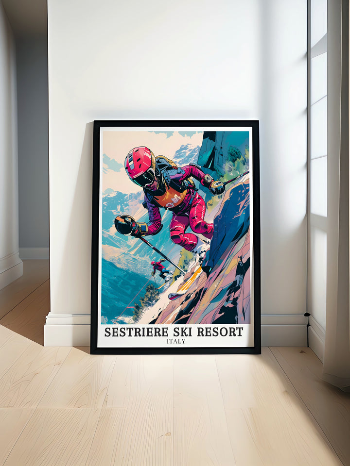 Sestriere Borgata art print showcasing the beauty and charm of the Italian Alps. This high quality poster is perfect for adding a touch of adventure to your decor. A wonderful gift for those who love winter sports and travel.