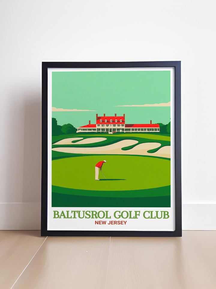 Baltusrol Golf Club Art Print capturing the historic beauty of one of Americas most prestigious golf courses. This print is ideal for golf enthusiasts, showcasing the lush fairways and iconic clubhouse of Baltusrol. Perfect for home decor or as a thoughtful gift for any golfer.