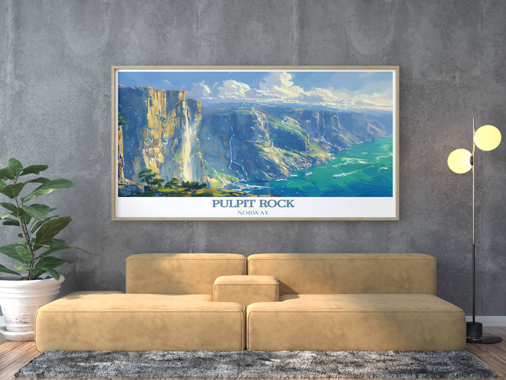 Vintage travel print of Pulpit Rock Norway with Lysefjord modern art in framed prints ideal for adding a touch of sophistication to any living space