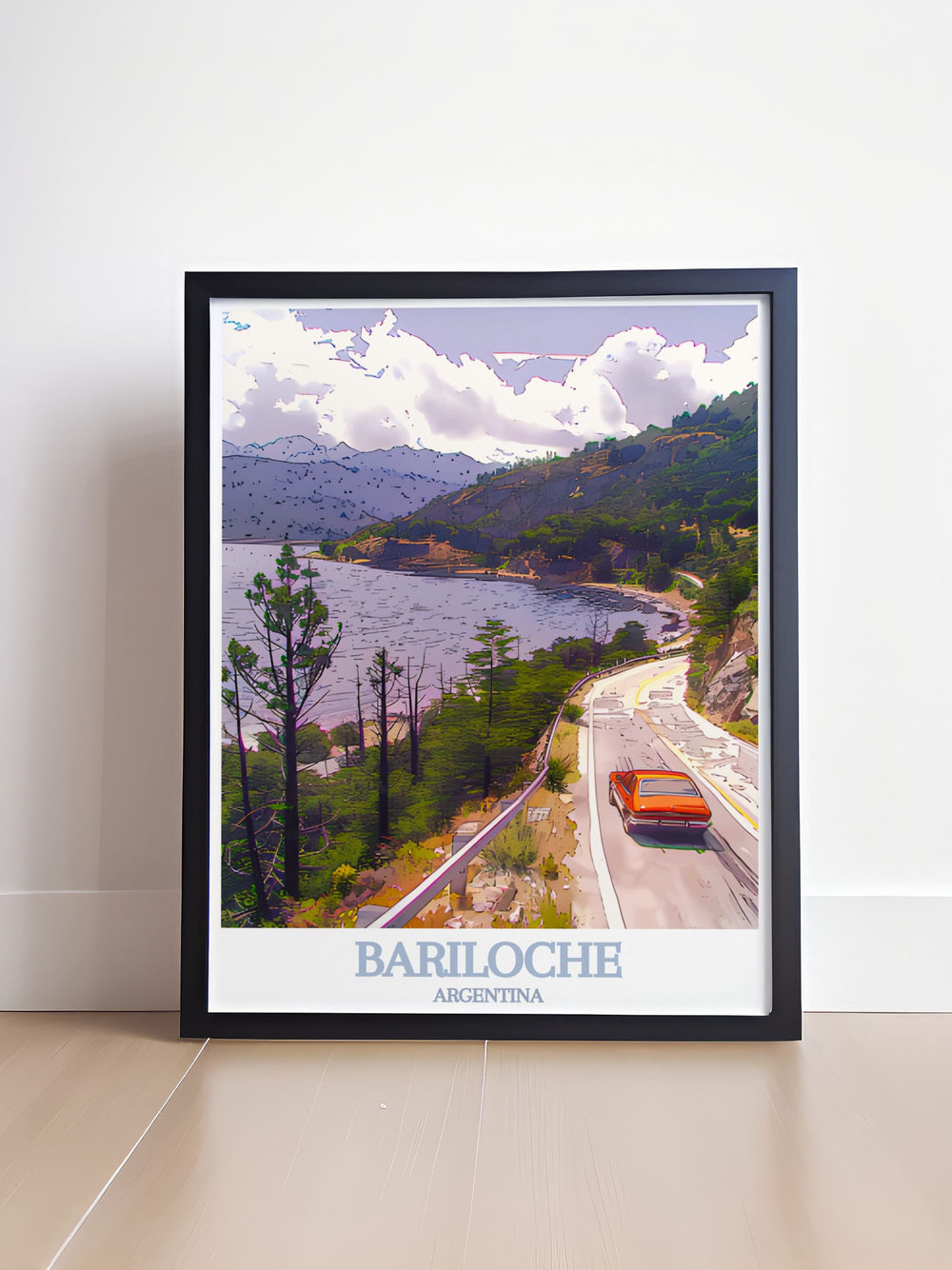 Beautiful Argentina print showcasing San Carlos de Bariloches Route of the Seven Lakes, highlighting its crystal clear waters and the majestic Andes. Ideal for those who love travel art and adding a scenic touch to their living space.