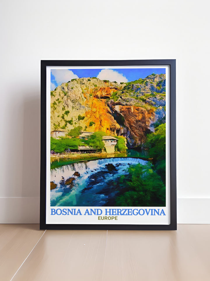 Blagaj Tekija poster print brings the historic beauty of Bosnia and Herzegovinas famous Sufi monastery to life, offering a perfect blend of nature, history, and art. A wonderful gift for travelers and art lovers alike.