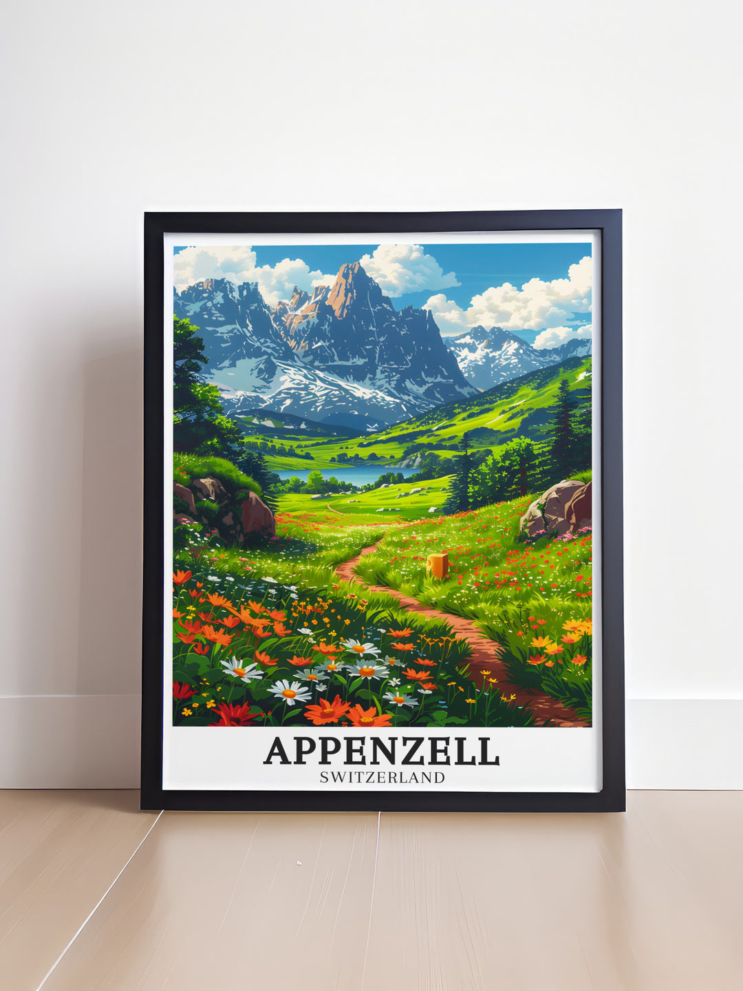 Seealpsee framed art highlighting the beauty of this tranquil lake in the Swiss Alps. The artwork captures the peaceful atmosphere of Switzerlands lakeside retreats, ideal for creating a calming space.