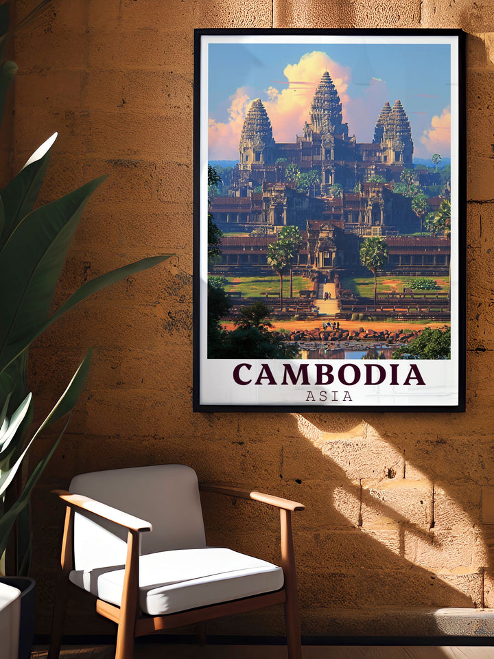 Beautiful Angkor Wat fine line print in black and white offering a sophisticated touch to your decor highlighting the majestic structure of Cambodia.