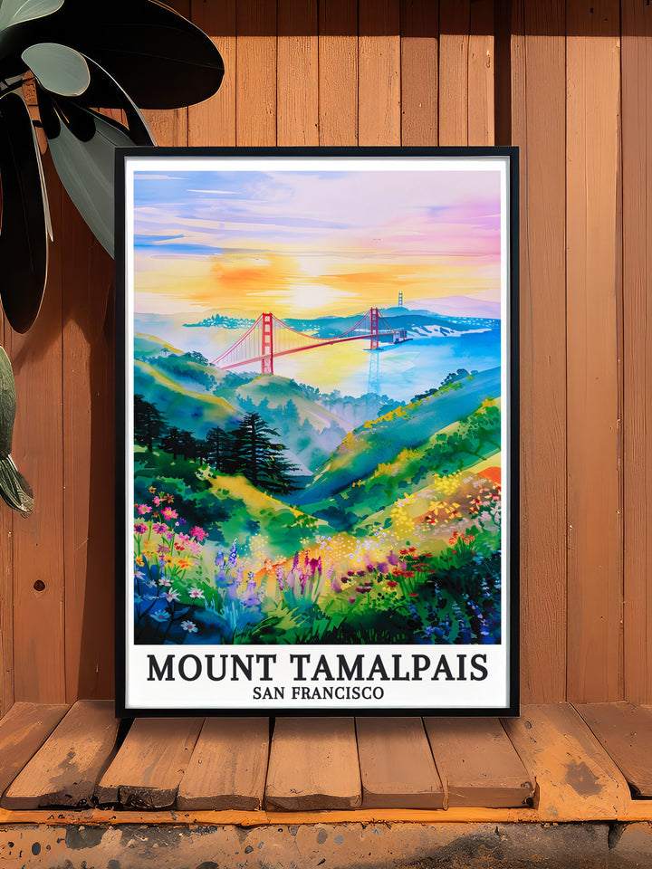 Mount Tamalpais poster featuring views of the Pacific Ocean and Golden Gate Bridge. This California artwork offers a unique way to bring the natural beauty of California into your home, perfect for wall art and decor in living rooms or offices.