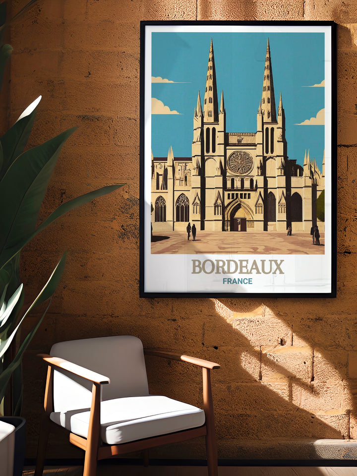 Celebrate the architectural brilliance of Bordeaux Cathedral with this stunning art print. The detailed depiction of the cathedrals spires and carvings adds a touch of elegance to any room, making it a perfect addition to your home decor