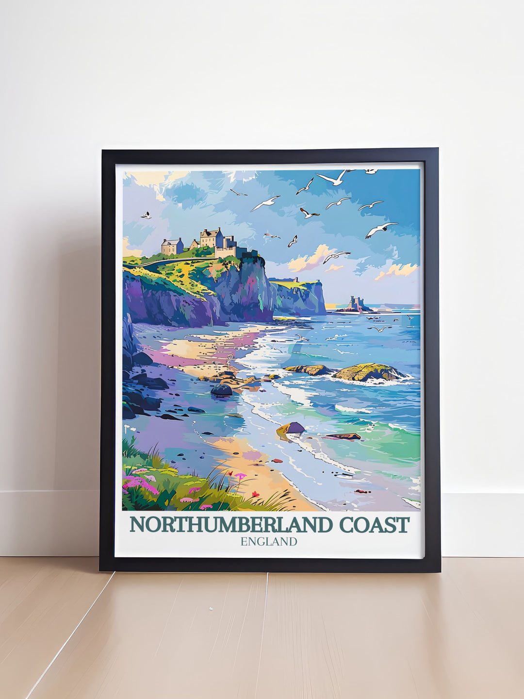 Framed Print of Bamburgh Castle and Dunstanburgh Castle set against the beautiful Northumberland Coast a perfect addition for those who admire historical landmarks and natural scenery