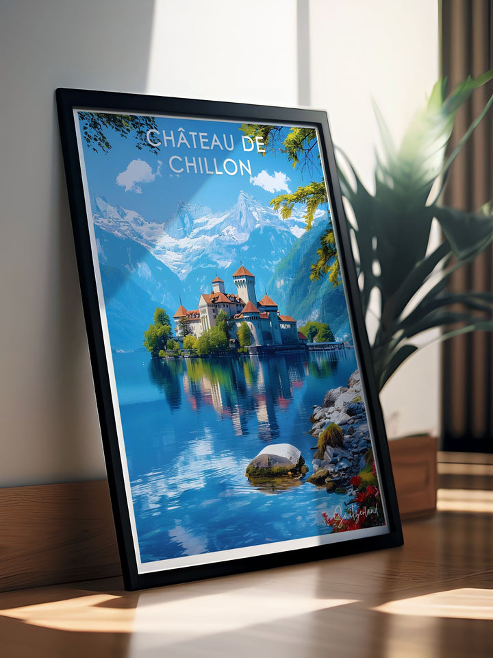 Lauterbrunnen Poster presenting the serene landscape of Switzerland paired with Chateau de Chillon stunning living room decor perfect for those who appreciate historical landmarks and natural beauty