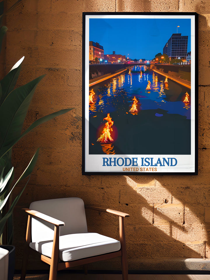 WaterFire poster print depicting the captivating light display over the rivers of Providence, Rhode Island. Perfect for travel lovers and art enthusiasts, this print adds a touch of culture and creativity to your décor while celebrating one of Rhode Islands most iconic events.