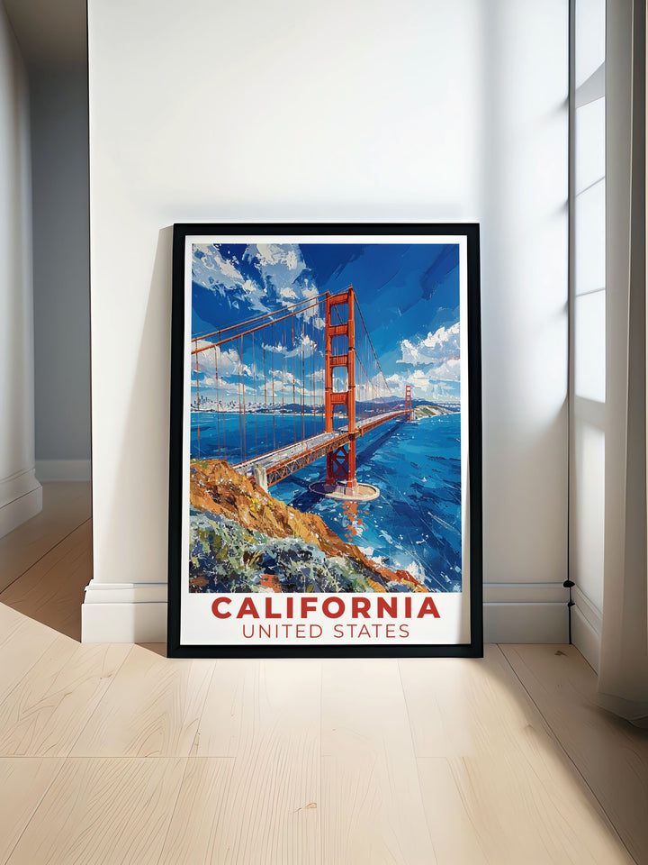 Golden Gate Bridge travel poster showcasing the iconic San Francisco landmark in stunning detail perfect for adding a touch of California charm to your home decor ideal for travel enthusiasts and lovers of California art and prints
