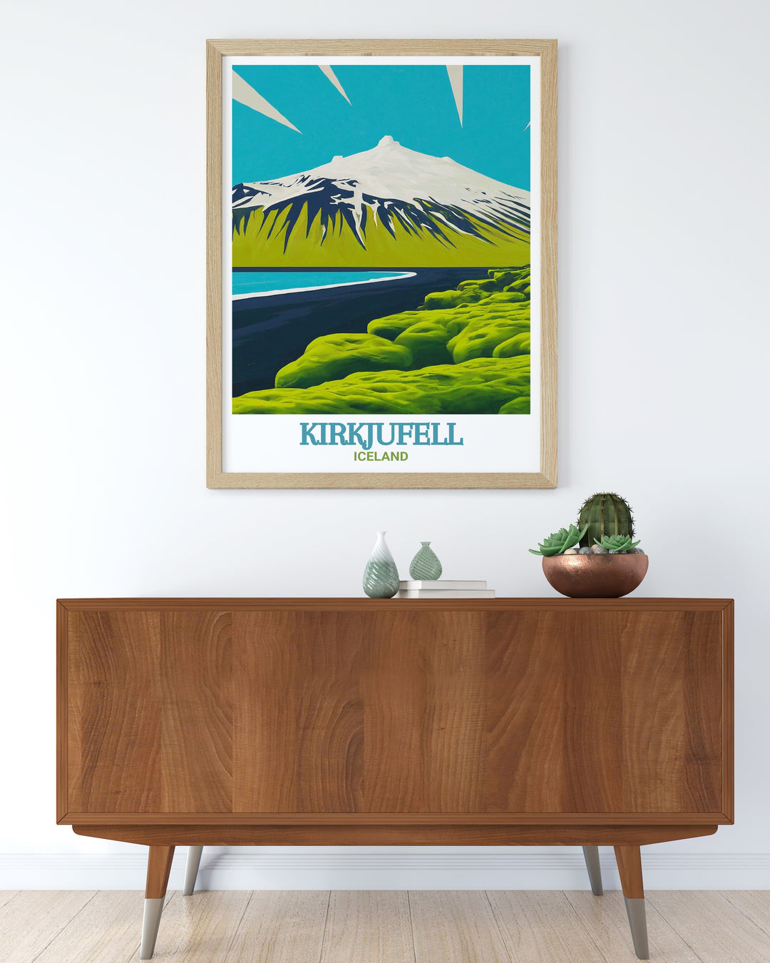 Kirkjufell Poster Print capturing the iconic mountain of Kirkjufell in Iceland, known for its striking, church like peak and dramatic presence. This artwork perfectly encapsulates the serene yet powerful beauty of one of Icelands most photographed landscapes, making it an ideal piece for nature lovers and travel enthusiasts.