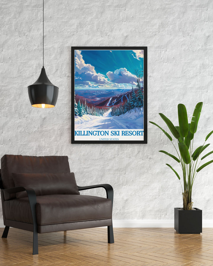 Scenic view of Killington Peak displaying snow covered peaks and skiers enjoying the slopes. The artwork conveys the excitement of skiing and the natural charm of the alpine scenery, making it a great addition to any room celebrating winter sports and snowy adventures.