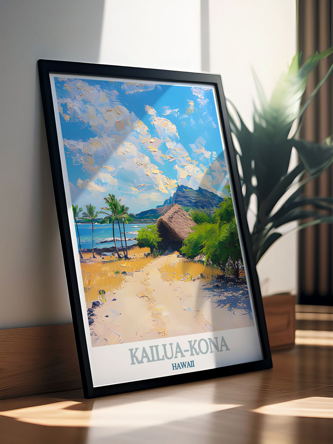 Poster of Kailua Kona, highlighting its vibrant beaches and historical landmarks. The artwork celebrates the architectural grandeur and cultural richness of this Hawaiian town.