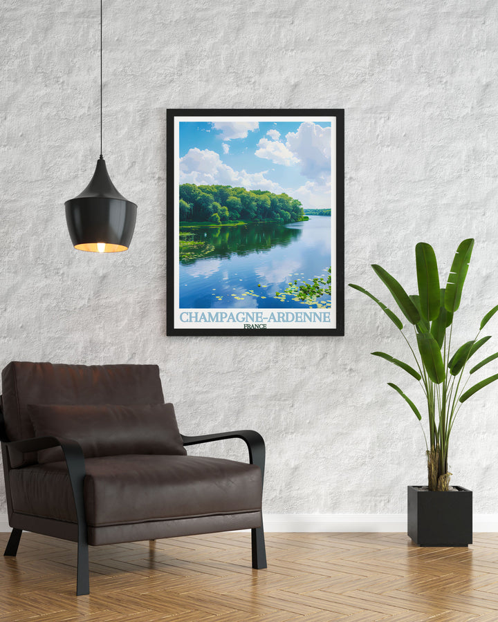 Captivating Parc Naturel Regional de la Foret d'Orient artwork depicting the serene nature of Champagne Ardenne. Ideal for modern art collections, this France travel print adds a touch of French charm to any room, making it a perfect gift for nature lovers.