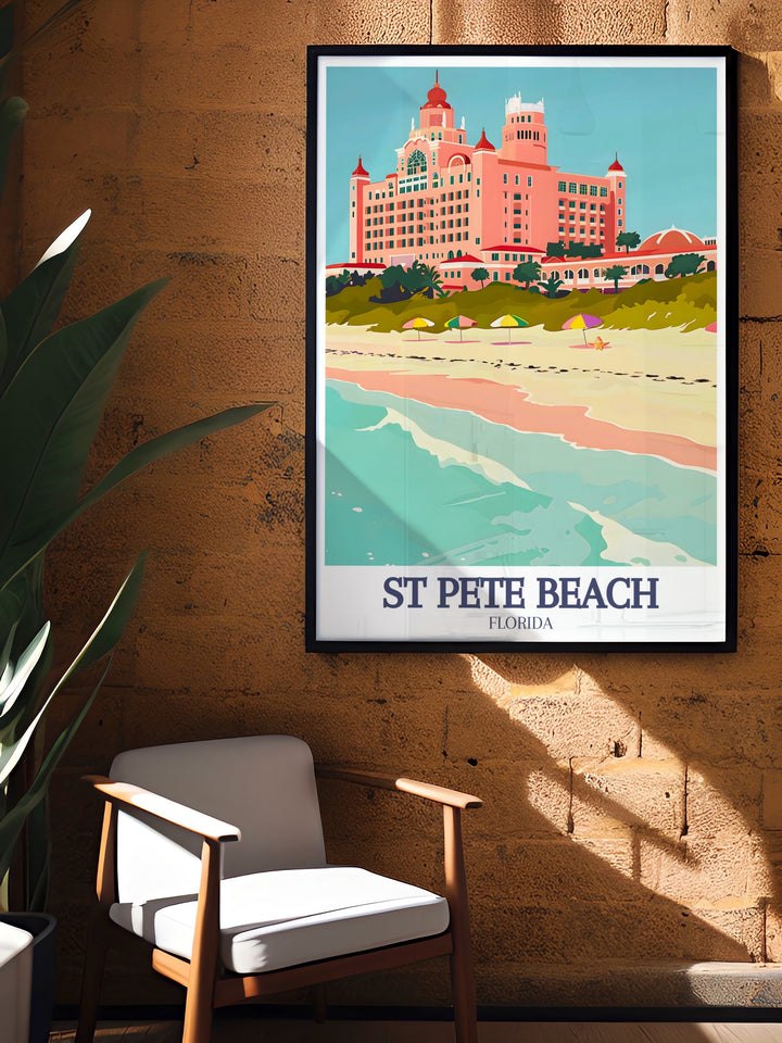 Pass a Grille Beach and Don CeSar Hotel modern prints capturing the beauty of St Pete Beach ideal for enhancing your homes decor with elegant Florida travel prints that celebrate coastal living