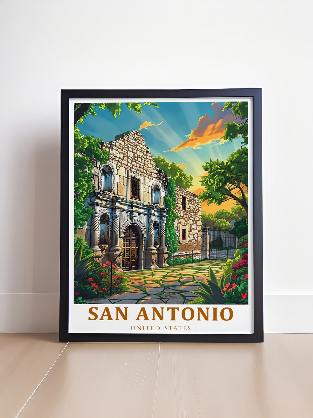 Celebrate San Antonios legacy with this travel print featuring the Alamo. Ideal for those who appreciate American history, this poster makes a stunning addition to any home or office.