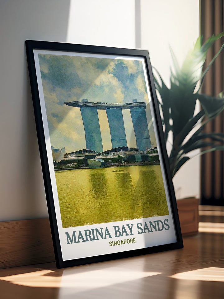 Singapore Vintage Poster inspired by classic travel art, featuring the Marina Bay Sands SkyPark and its sweeping views of the city. This poster combines vintage charm with modern elegance, making it a timeless addition to any art collection.