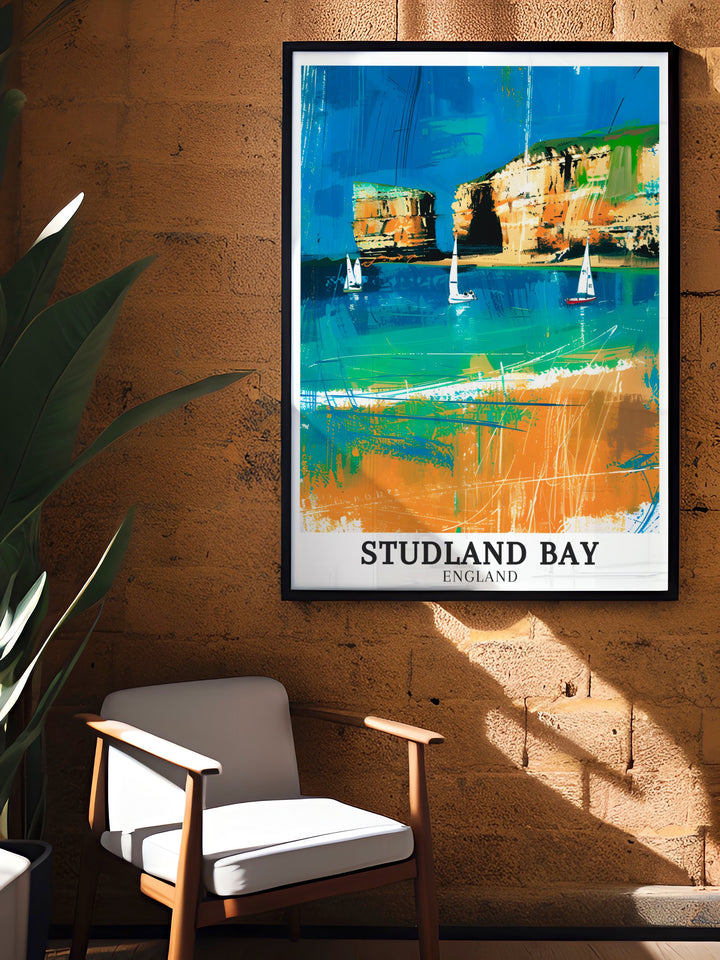 Studland Bay poster print featuring Old Harry Rocks Jurassic Coast showcasing the natural beauty of Englands coastal cliffs. This elegant wall art is perfect for bringing the serene charm of England into your home decor or gifting to a travel enthusiast.