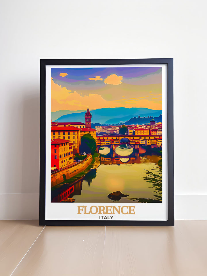 Florence Italy travel print featuring Ponte Vecchio is a perfect addition to any room. This stunning Italy wall art adds a touch of European elegance to your home with its vibrant colors and detailed rendering of one of Florences most famous landmarks