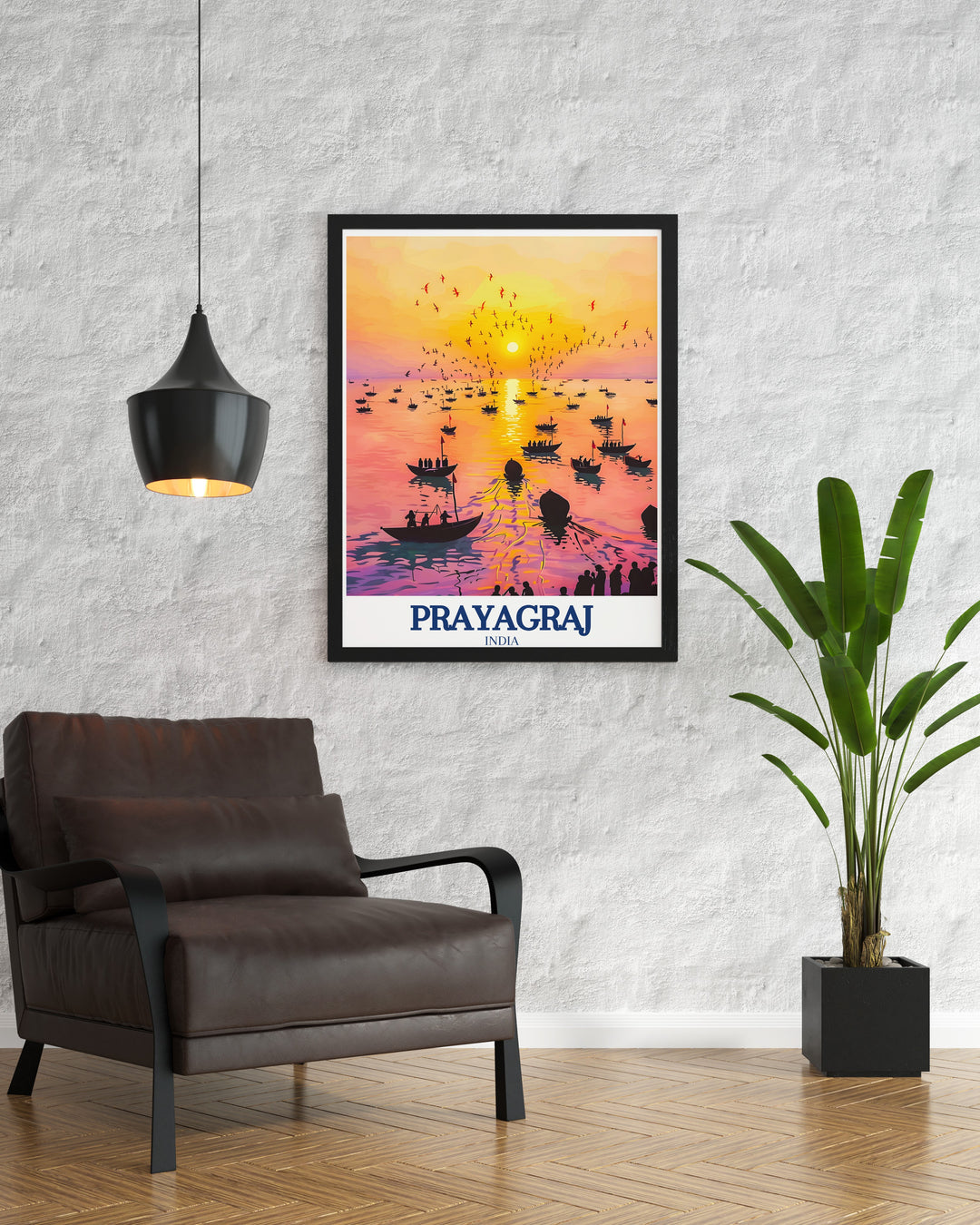 Travel print of Prayagraj featuring the sacred Ganges River as it flows through the city, capturing its historical and spiritual significance. The print brings the essence of Indias most revered river into your space, ideal for those who value cultural and religious connections.