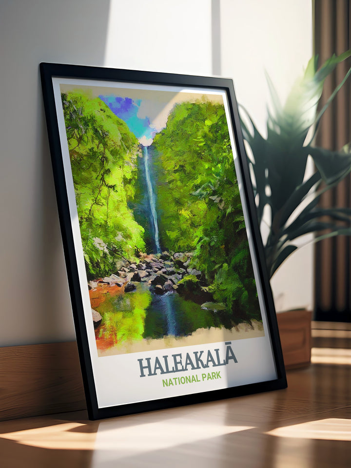 Kīpahulu District wall art depicting the lush greenery, cascading waterfalls, and serene beaches of Haleakalā National Park. This elegant print adds a touch of tropical beauty and inspiration to any decor, celebrating the stunning views of this unique Hawaiian landmark.