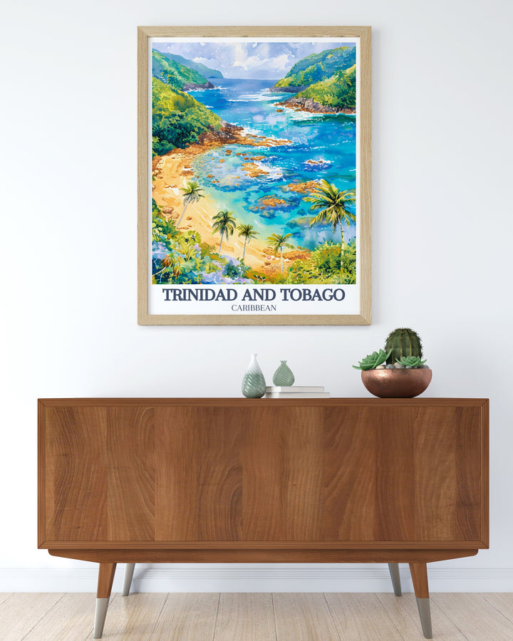 Escape to the serene beauty of Trinidad and Tobago with this travel poster, showcasing Maracas Bays sandy beaches and the unique charm of the Nylon Pool. Perfect for adding a touch of Caribbean paradise to your home, this vibrant artwork celebrates the islands natural wonders.