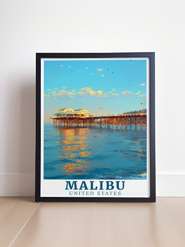 This Malibu Pier poster is an ideal gift for anyone who loves the beauty of Californias coastline. With its minimalist design and coastal charm, its the perfect decor piece for any room in the house.