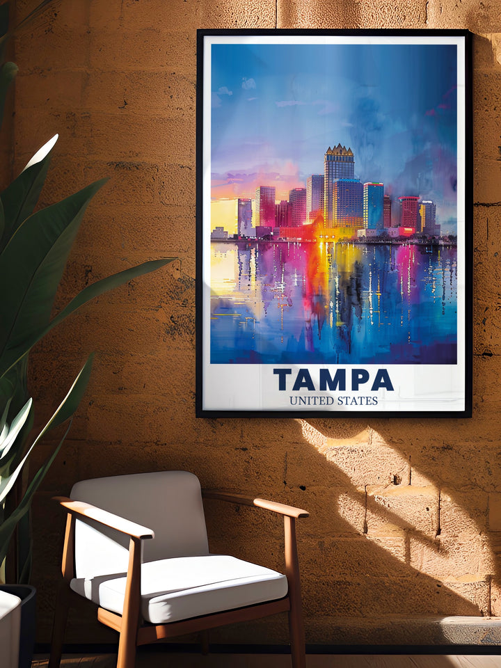 Florida Canvas Print featuring the captivating Tampa City skyline, this travel poster is designed to enhance any room. With its vibrant colors and detailed illustrations, its perfect for Florida residents, Tampa visitors, or anyone looking for unique wall art.